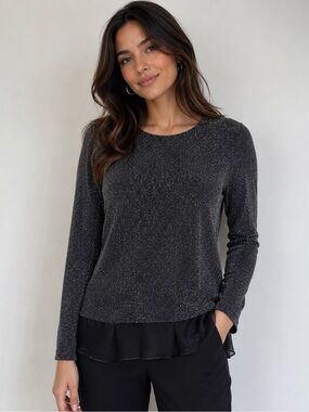 INC International Concepts Black Sparkle Layered-Hem Long Sleeve Top